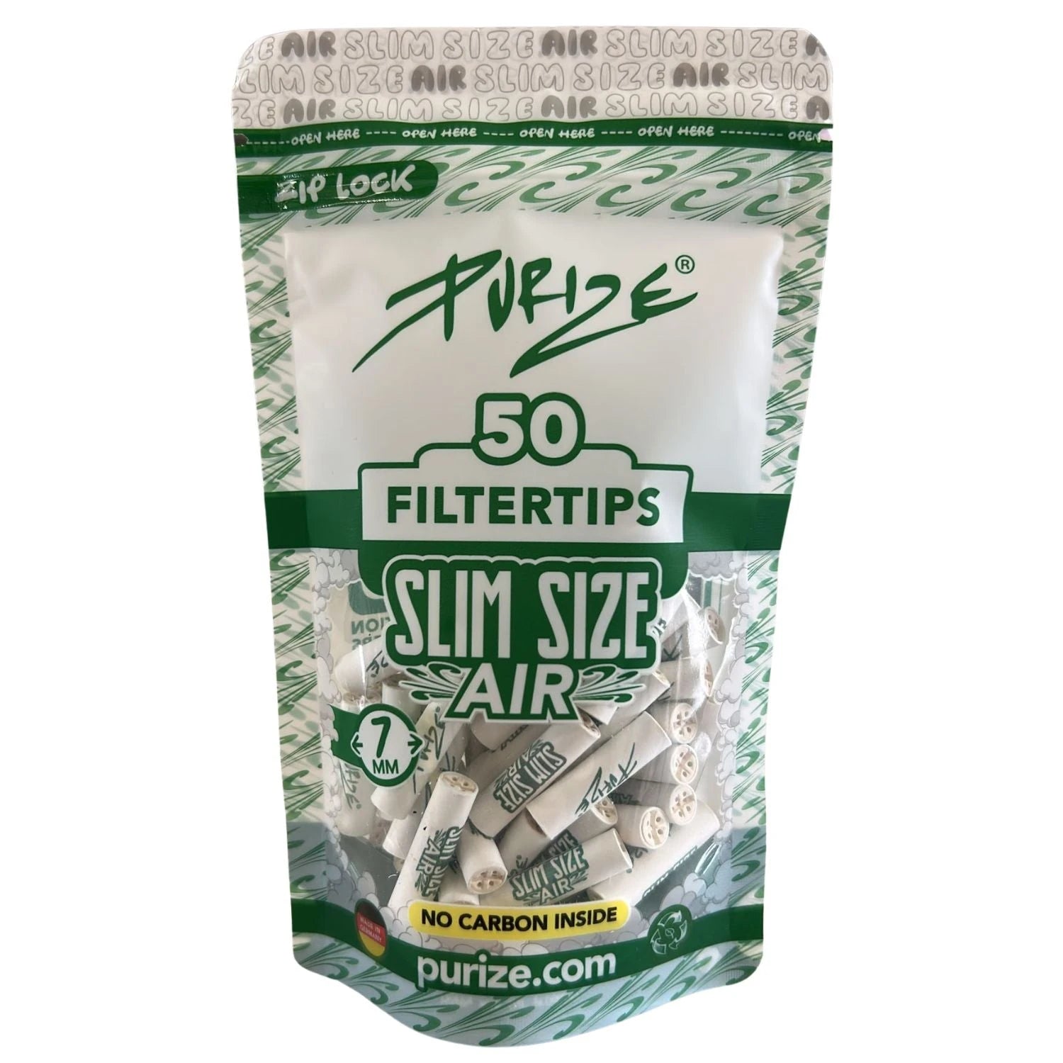 PURIZE Slim Size Air Verpackung mit 50 Filtertips, 7 mm, No Carbon Inside, Zip Lock wiederverschließbar, Made in Germany, gefüllt mit weißen Paperfiltern mit Keramikkappe